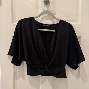 Zara Black Dolman Sleeve Crop Blouse with Tie Front
